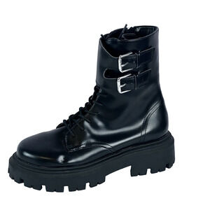 H&M Combat Boots Wmns Sz 8 Black Faux Leather Lace Up Platform Chunky Grunge Y2K